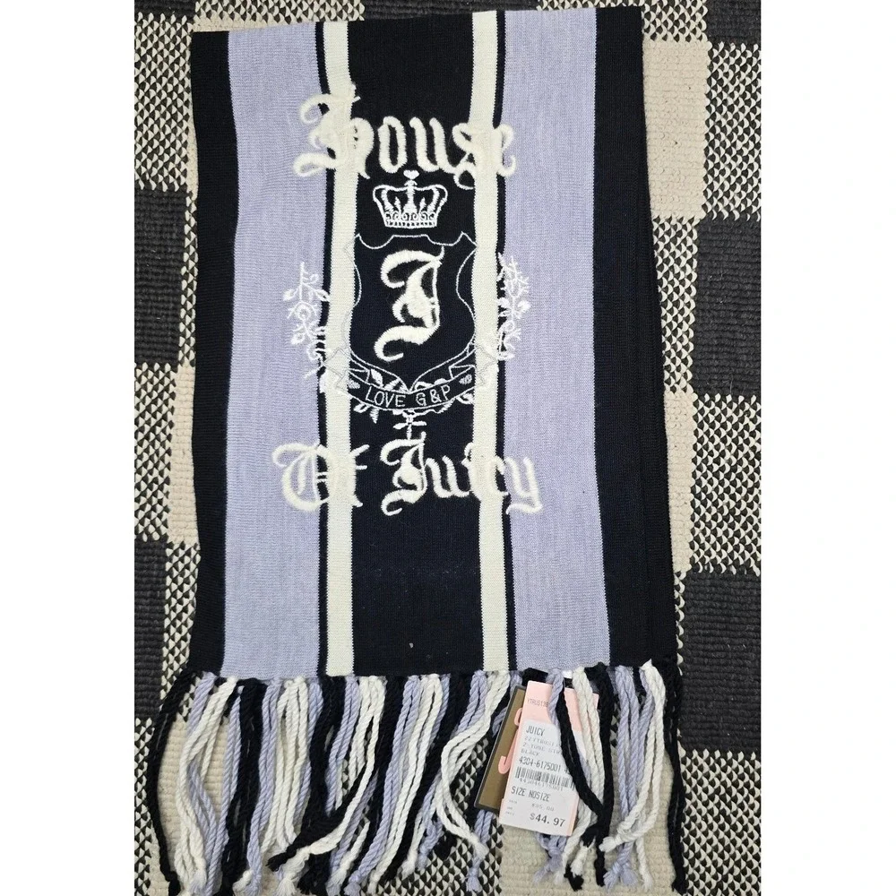 Juicy Couture House Of Juicy Scarf Wrap Fringed Gray‎ White Black Soft Warm NWT